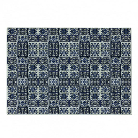 Moroccan Cutting Board, Squares with Portuguese Azulejo Ornaments Arrangement Floral Pattern Leaves, Decorative Tempered Glass Cutting and Serving Board, Small Size, Navy Blue Beige, by Ambesonne