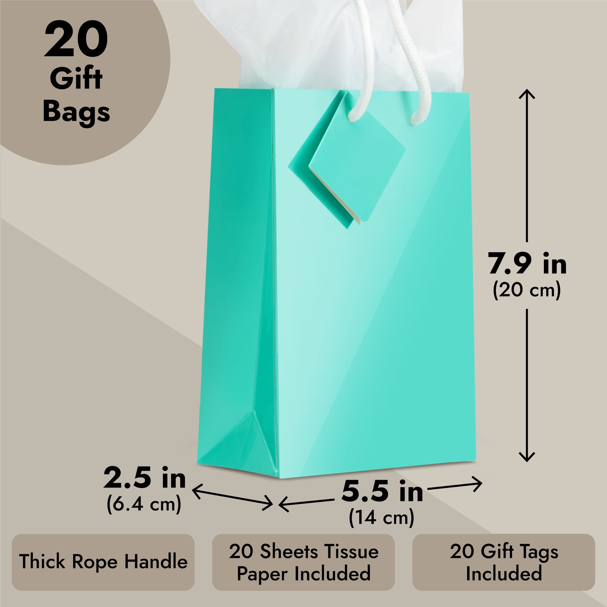 20 Pack Small Green Paper Gift Bags with Handles, White Tissue Paper,  Hanging Tags for Gifts (8 x 5.5 x 2.5 In)