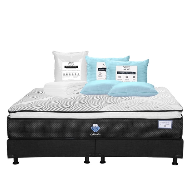 Colchón King Size Alaska Spring Air + Box + 2 Almohadas Trinity + Protector de Colchón Trinity