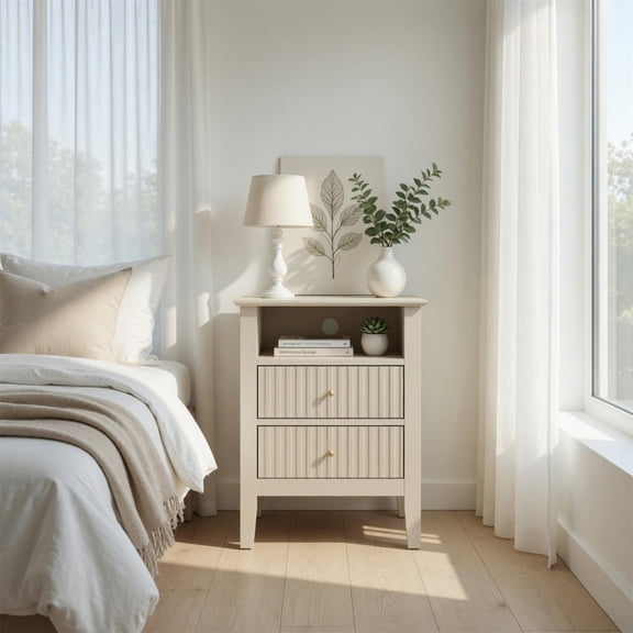 Hommoo 18"W Wooden Fluted Nightstand with 2 Drawers & Open Shelf, Modern Bedroom Sofa Side Table, Beige