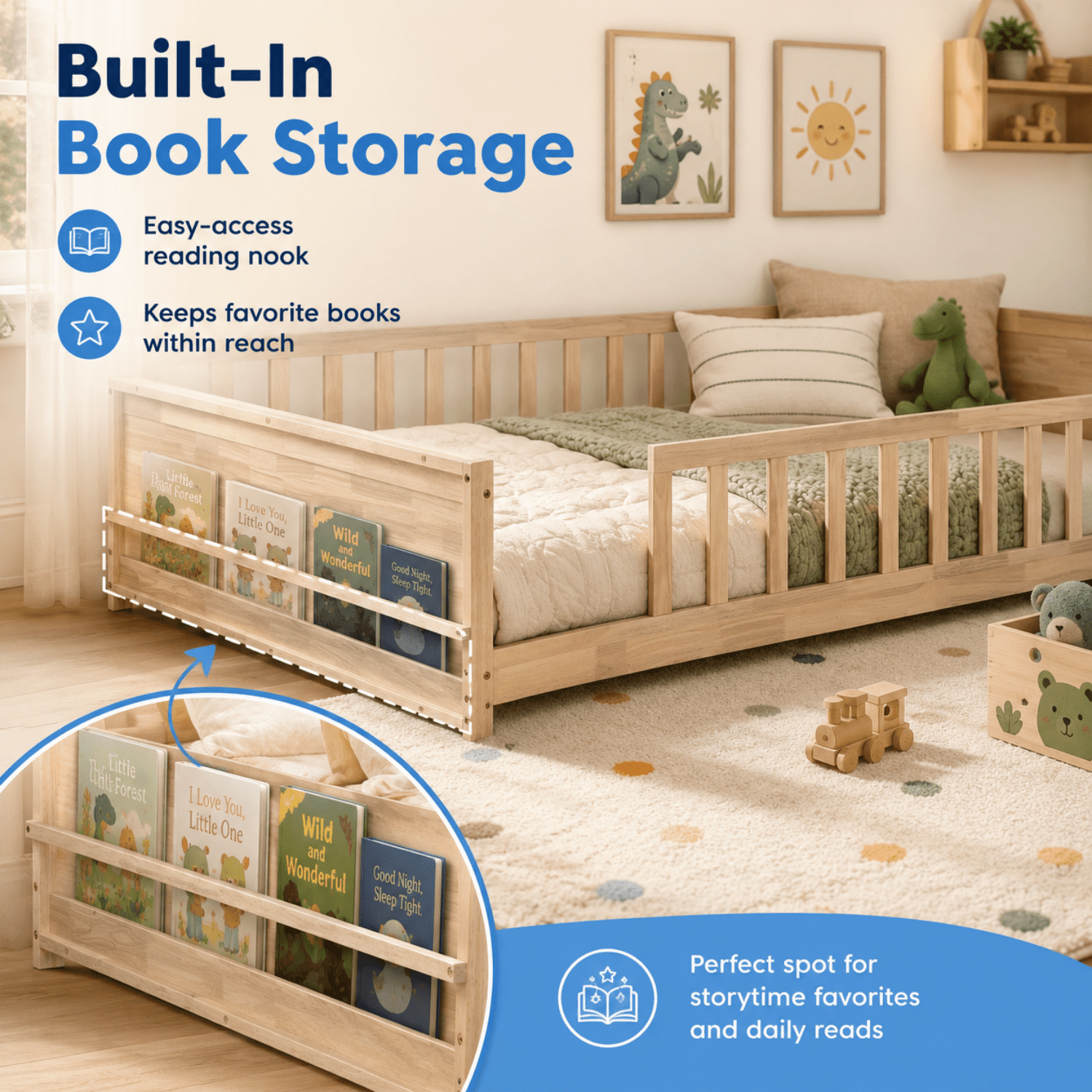 Miniyam Full Size Kids Floor Bed with Guardrails and Bookshelf, Wooden Low Profile Bed, Natural