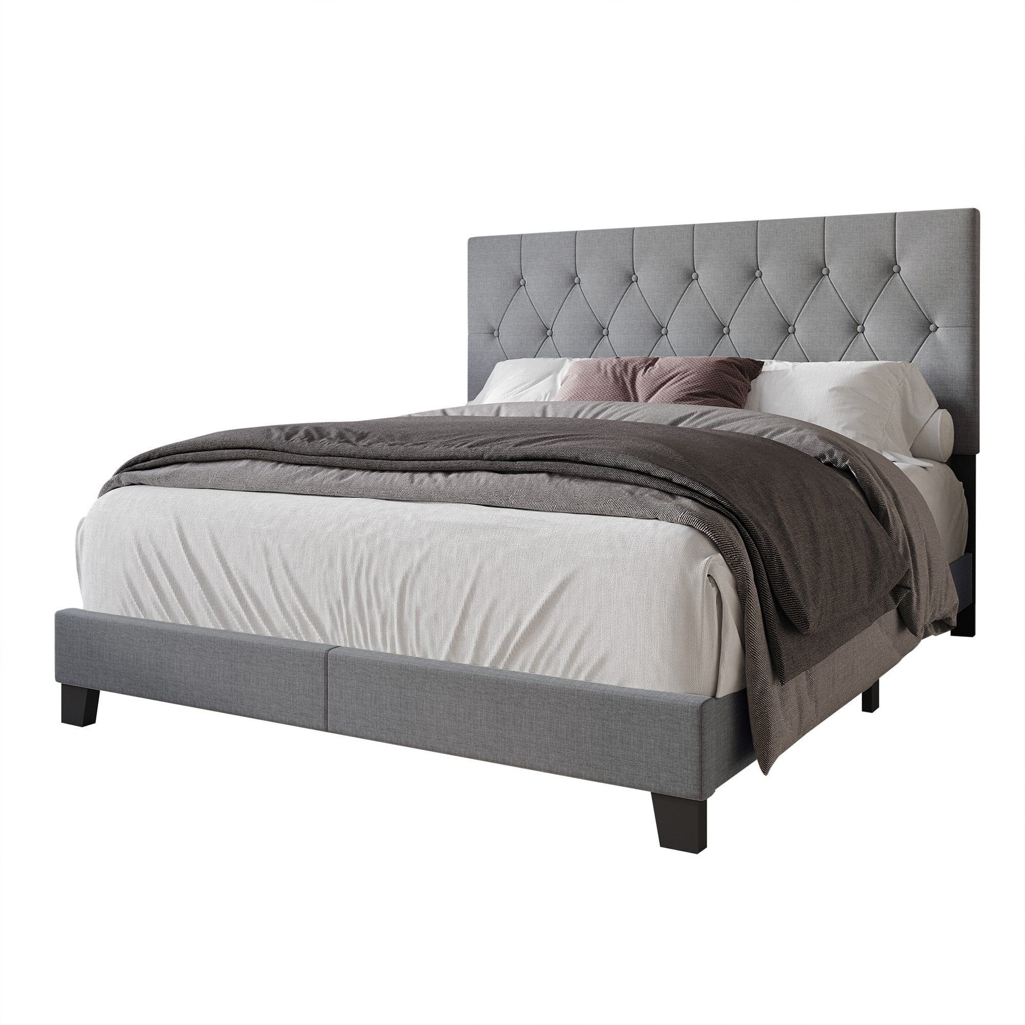 Home Design Dillon Twin Tufted Upholstered Panel Bed Frame with Button Tufting and Foam-Filled Headboard, Gray, Easy Assembly