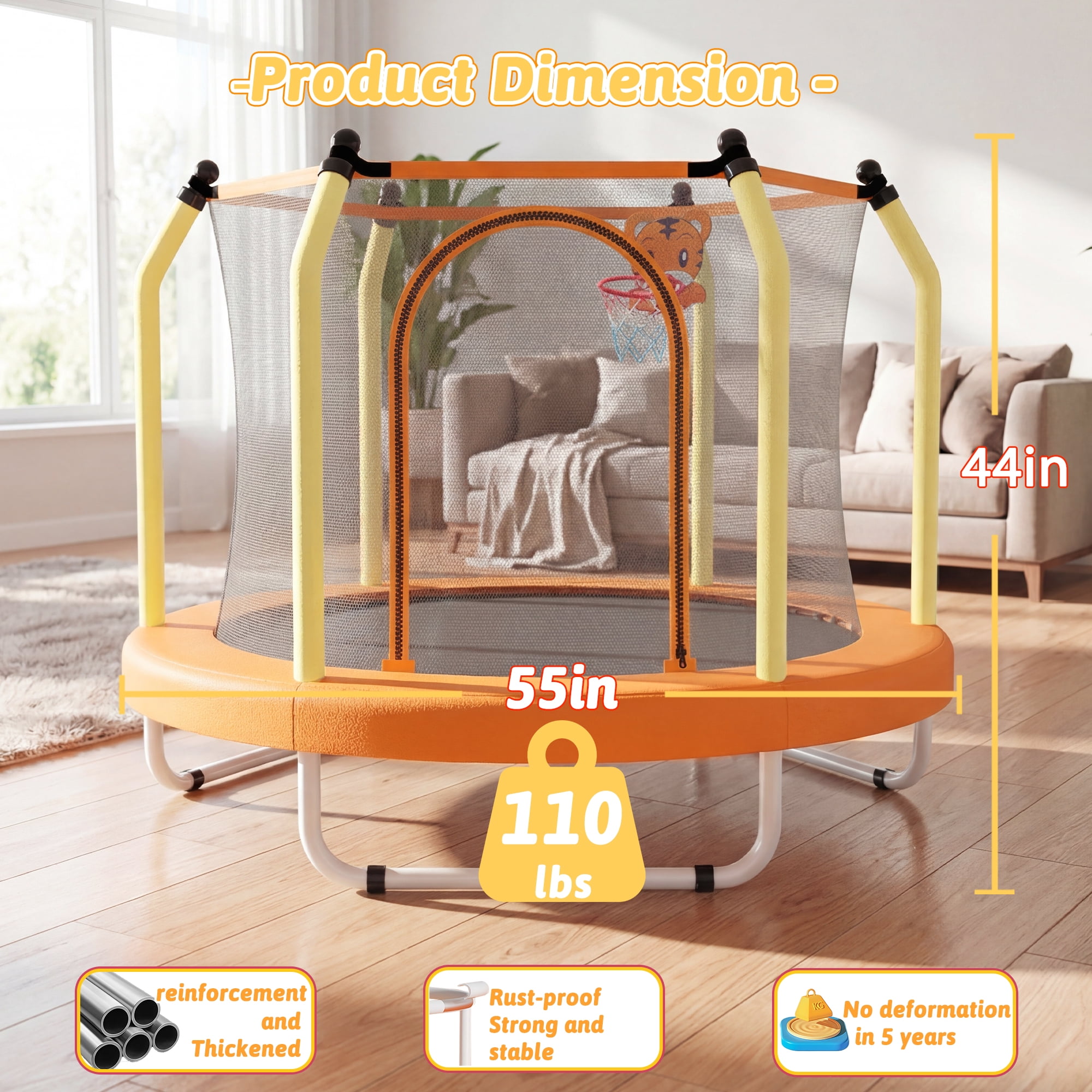 Mersco 55inch Kids Trampoline for Toddlers,Indoor and Outdor Trampoline with Safety Net, Mini Small Children Trampolines with Basketball  Hoop,Toddler Trampoline Birthday Gifts for Boys Girls, Orange