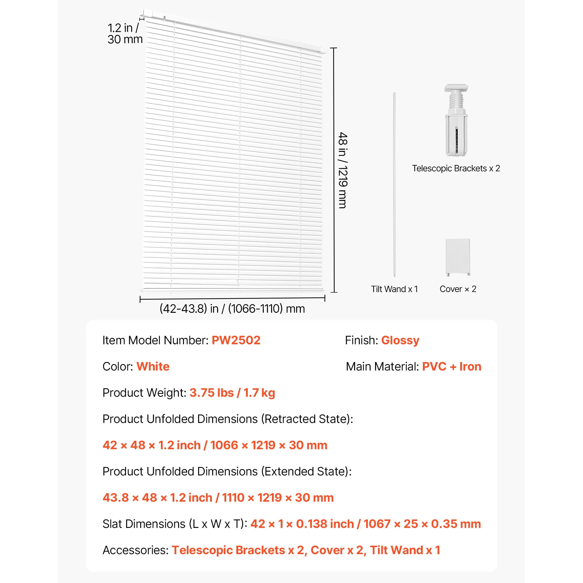 KFFKFF Cordless Mini Blinds, 43.3" W x 48" H, 1" Slats, No-Drill Horizontal Light Filtering Blinds for Indoor Windows, Adjustable and Easy to Maintain, Ideal for Home Decor and Privacy, White