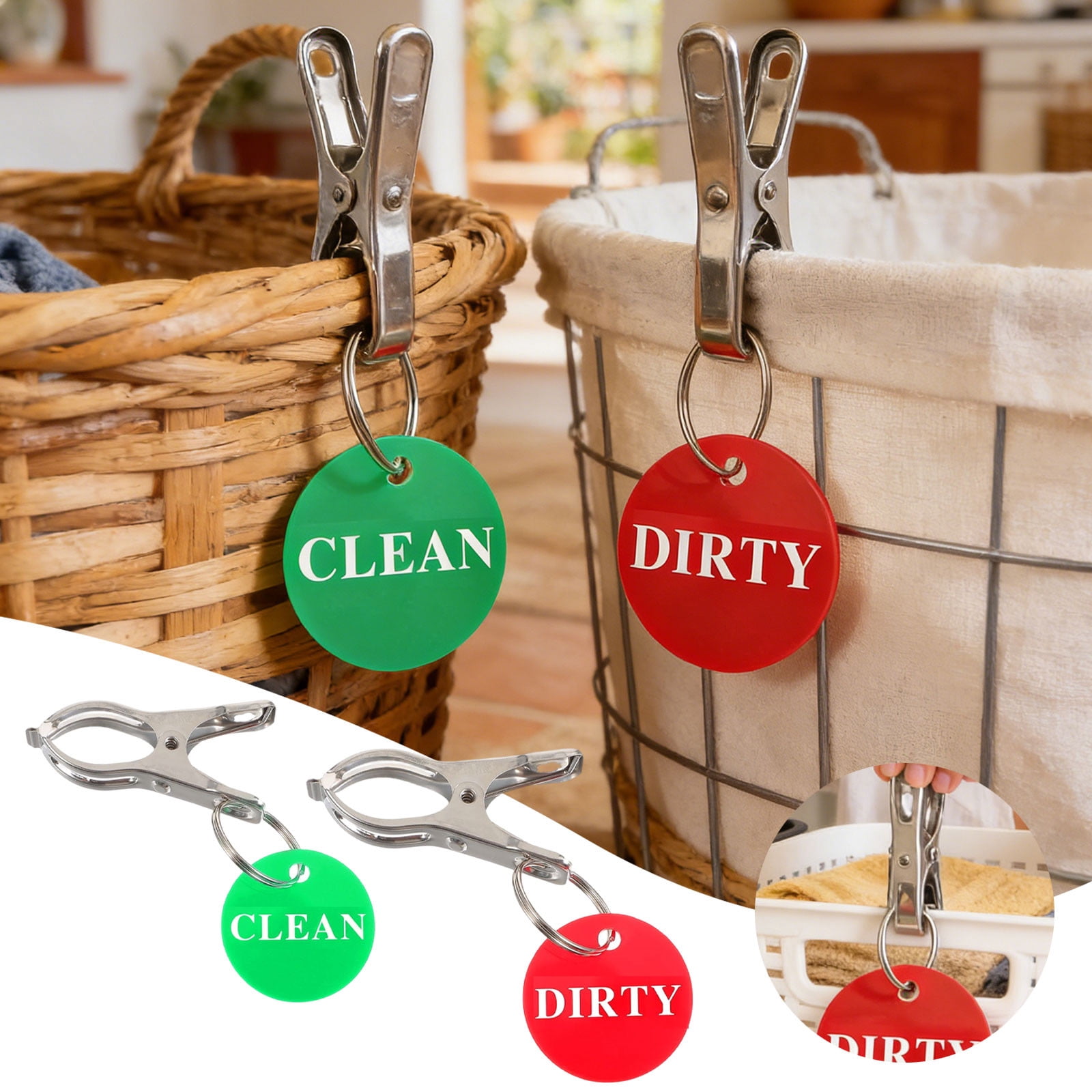2 Pcs Clean Laundry Indicator Clips, Red Green Signs for Washer Dishwasher & Baskets, Metal Household Labels