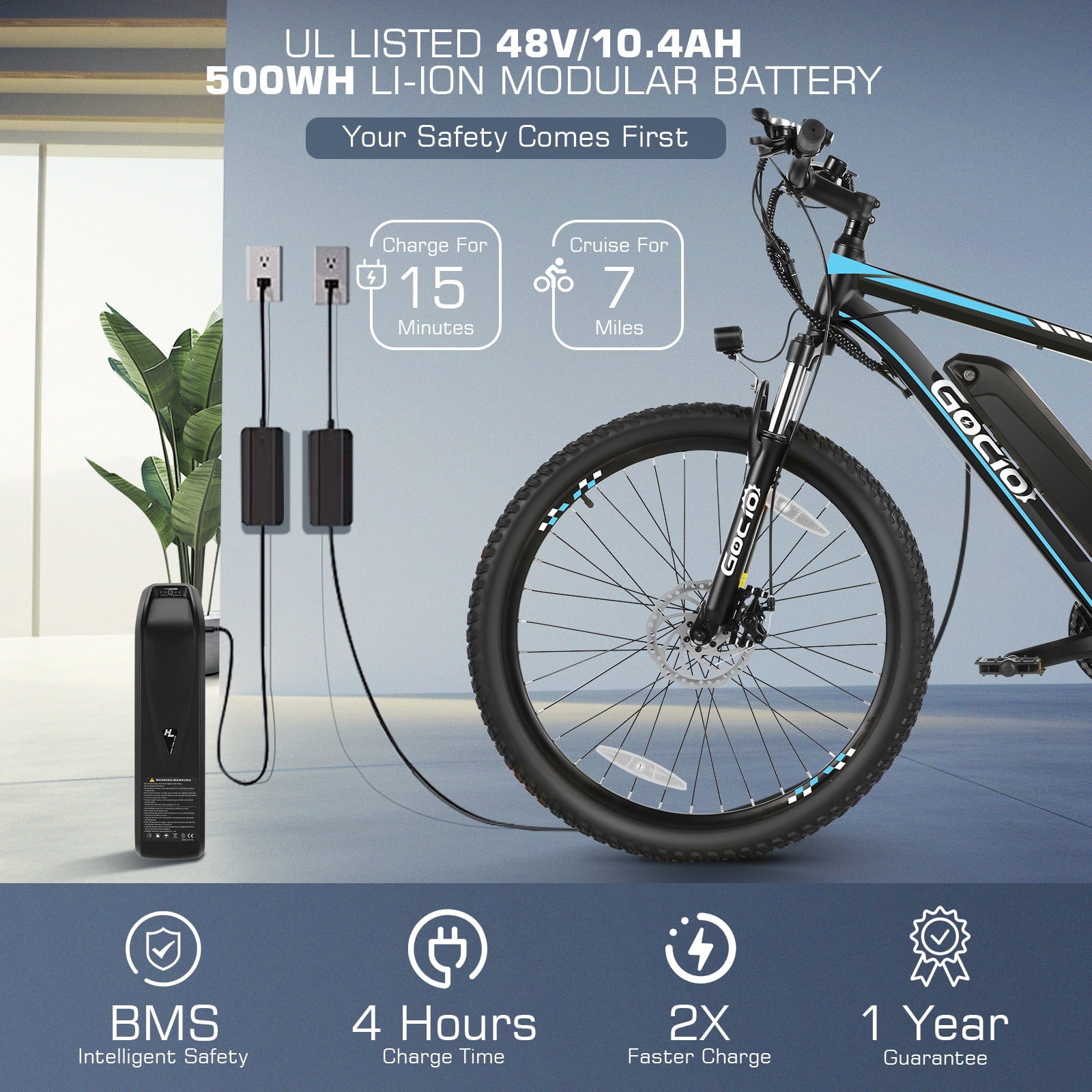 Gocio 500W 26" Electric Bike, 2.1" Electric Mountain Bike for Adults, 499Wh 48V 10.4Ah Battery 19.8MPH 3H Fast Charge Ebike, LCD Display, Lockable Suspension Fork, Shimano 21 Speed UL2849 Certified