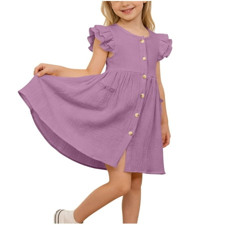 Posijego Toddler Girls Dress Ruffle Cap Sleeve Solid Color Casual Sun Dress Button Closure Summer Dresses for Little Girls