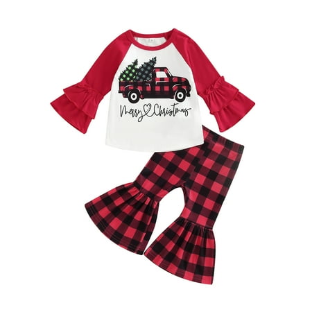 

Toddler Kid Baby Girl Clothes Merry Christmas T-shirt Plaids Pants Xmas Outfit Flare Pants Set
