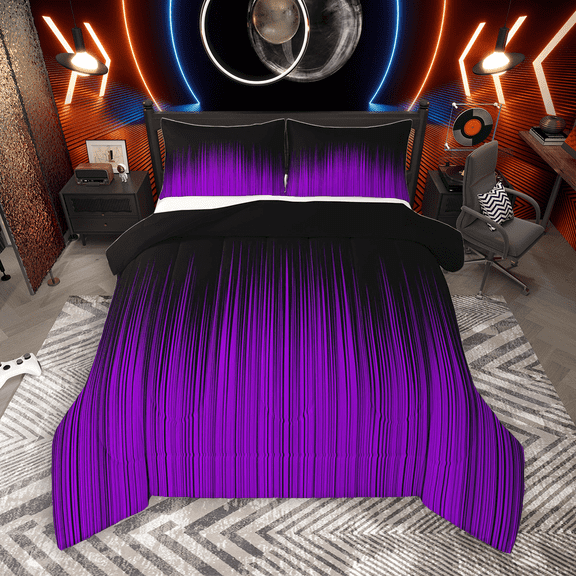 Manfei Contemporary Abstract Bedding Comforter Set 2pcs, Black Purple Twin Comforter Sets, Gradient Lines Bedding Set, Luxury Bedroom Decor
