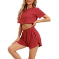 thumbnail image 4 of INSPIRE CHIC Women's Short Sleeve Pajama Sets Ribbed Knit Side Slits Shorts 2 Piece Lounge Sets XS Red, 4 of 6