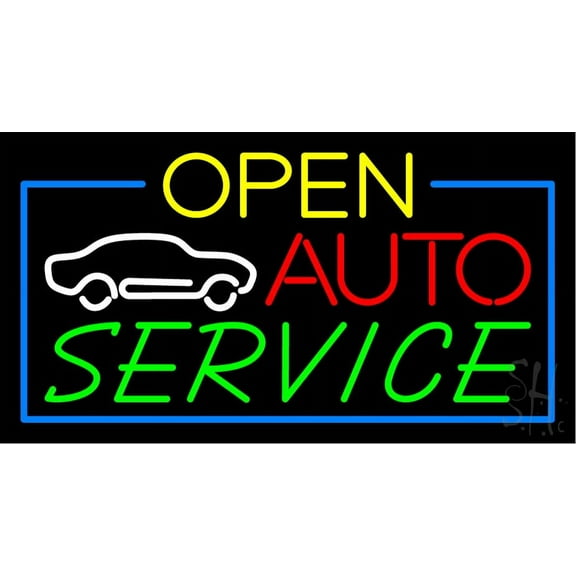 Auto Service Open LED Neon Sign 20 x 37 - inches, Clear Edge Cut Acrylic Backing, with Dimmer - Bright and Premium built indoor LED Neon Sign for automotive store, and mall.