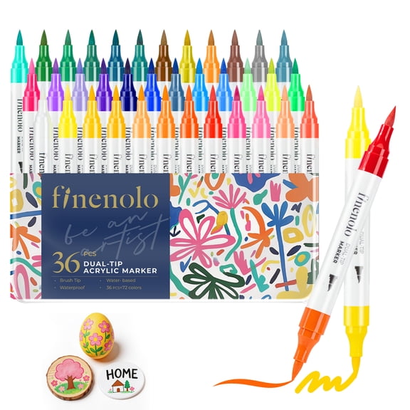 Finenolo Acrylic Paint Markers, 36Pcs 72 Colors Dual-Tip Brush and Fine, Waterproof Acrylic Markers for Wood, Stone, Canvas, Glass