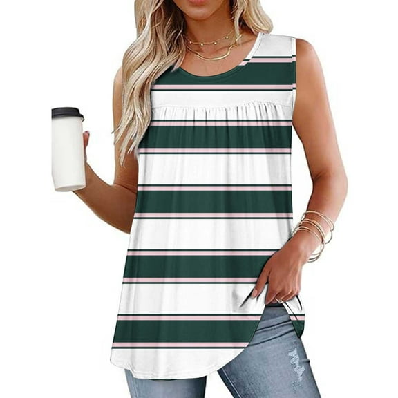 Rciityk Summer Womens Tank Tops Casual Stripe Print Crew Neck Sleeveless Blouse Trendy Pleated Dressy Tunic Shirts