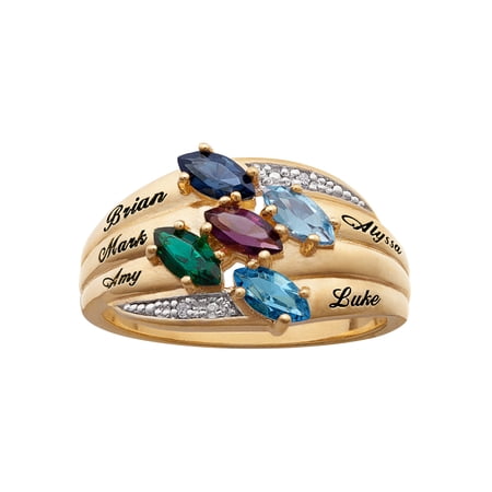 Personalized Planet Family Sterling Silver or 18K Gold over Silver Marquise Birthstone Ring with Accent Diamonds