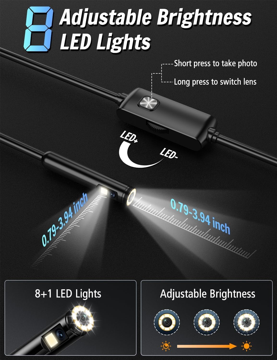 HD Endoscope Dual Lens with Light, Waterproof, for Pipeline Inspection Camera, No WiFi Required - 16.4ft/5m