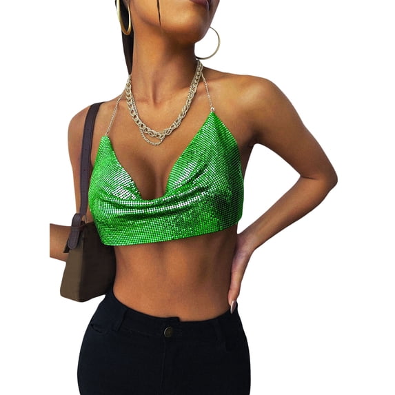 hirigin Women's Halter Crop Cami Tops, Sparkle Metal Sequin Sleeveless Backless Party Camisole