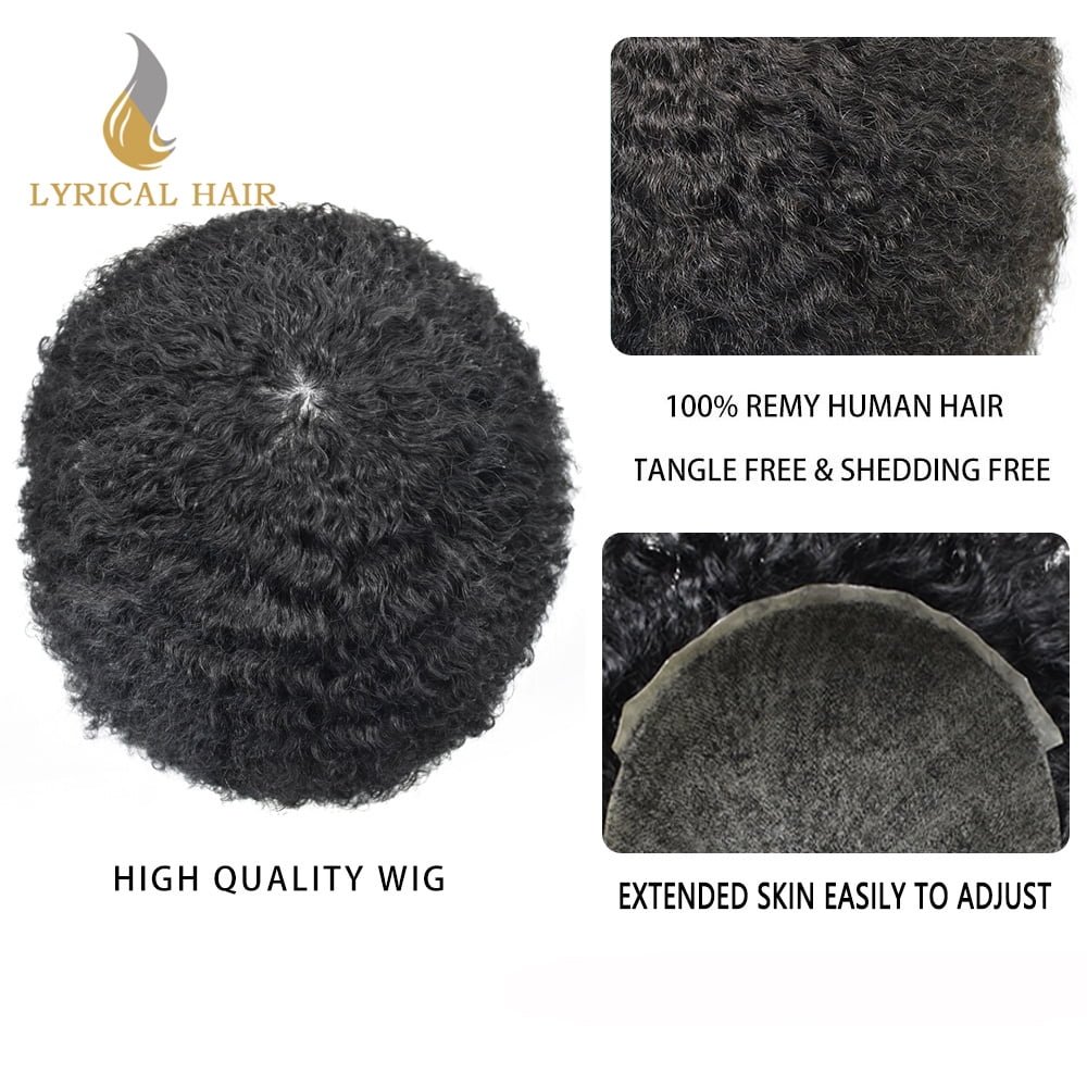Lyricalhair Toupee for Men 8MM Kinky Curly Hairpieces for Man Brazilian Human Hair Replacement System Full PU Hair Units for African American Mens Wig Male Hair Prosthesis #1 Jet Black