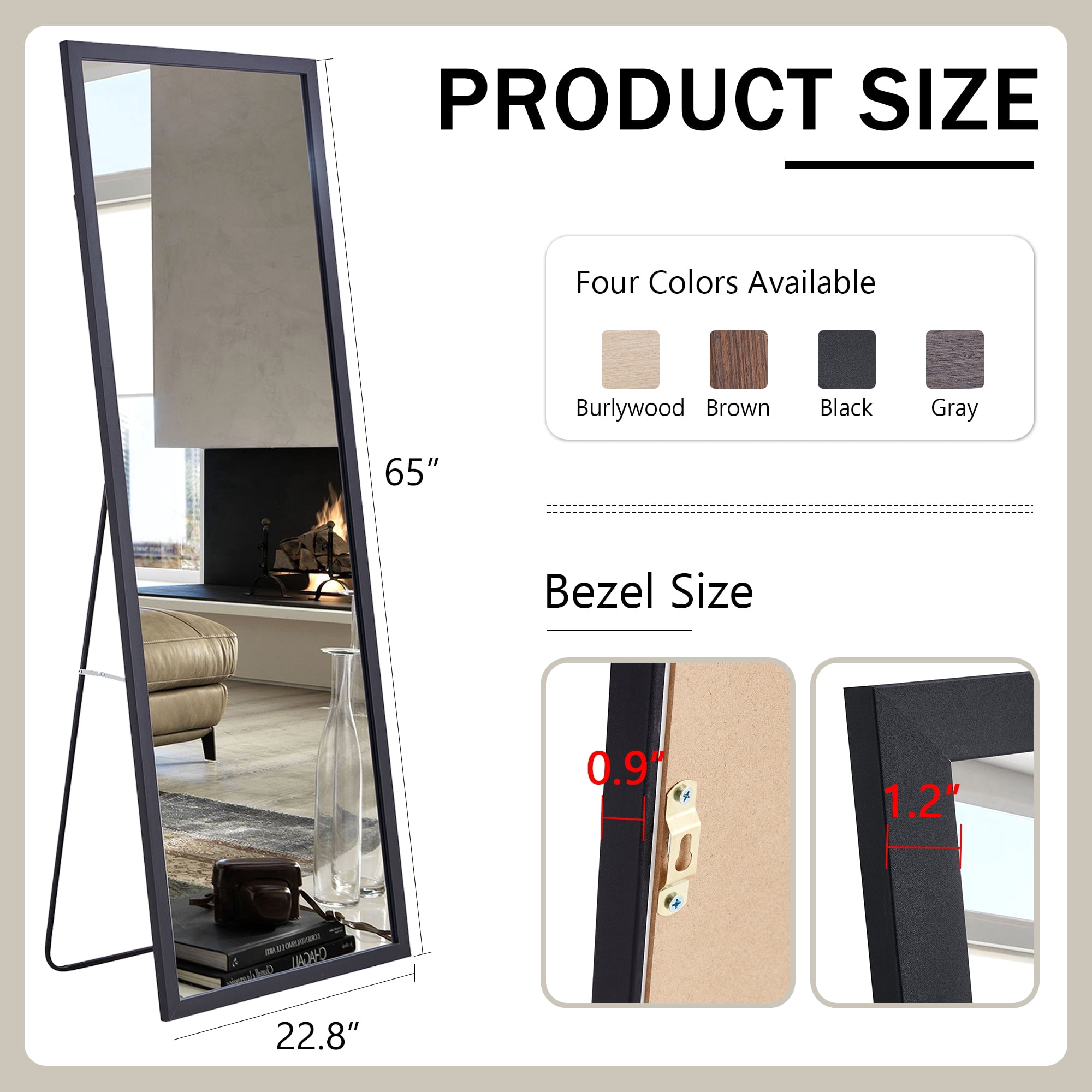Full-Length Mirror, Dressing Mirror with Wood Grain Solid Wood Frame, Floor Standing Mirror for Living Room, Bedroom, 65"×22.8", Black