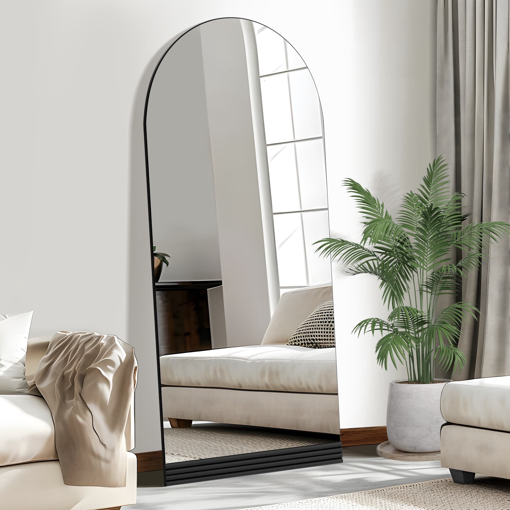 71"x35" Wood Arched Full Length Mirror Carved Floor Standing Mirror,Whether White