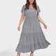 thumbnail image 3 of Vestido informal de talla grande para mujer con cuello en V, color liso, mangas con volantes y pliegues - Poliéster, moda de verano, 3 of 5