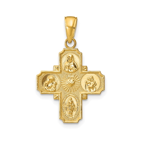 14k Yellow Gold Four-Way Cross Pendant for Women and Unisex Wearers with Sacred Heart, Saint Joseph, Virgin Mary, and Miraculous Medal Symbols, Catholic Religious Jewelry for Faith and Protection