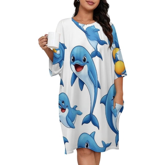 Dolphins Sleepshirts For Sleeping Travels Loose Sleepdress Pajama Dress Soft Nightdress Sleepwear