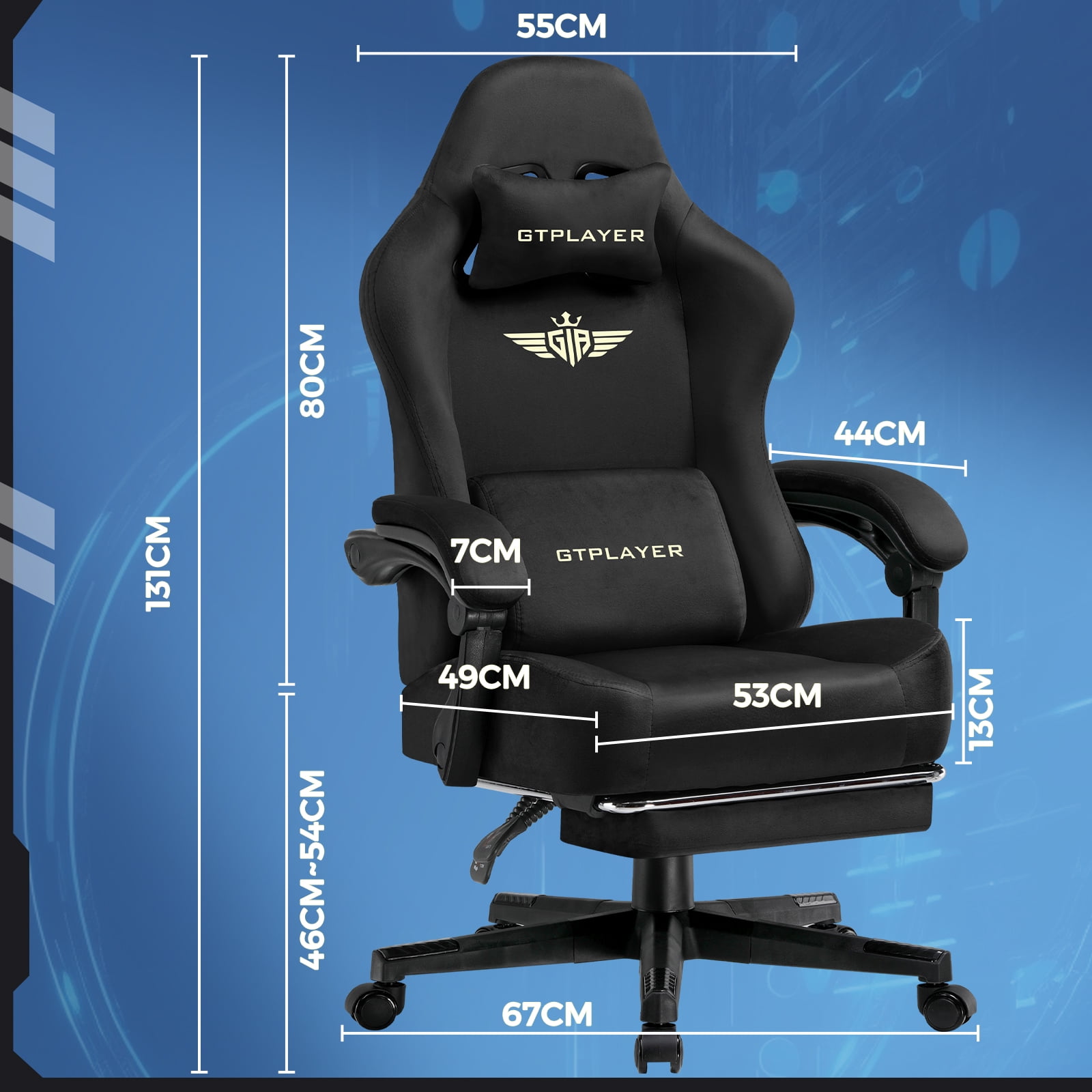 GTPLAYER Big & Tall Fabric Swivel Gaming Office Chair with Pocket Spring Cushion and Footrest, Black