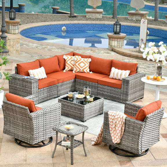 Ovios 9 Pieces Outdoor Patio Furniture with Swivel Rocking Chairs All Weather Wicker Patio Sectional Sofa for Balcony