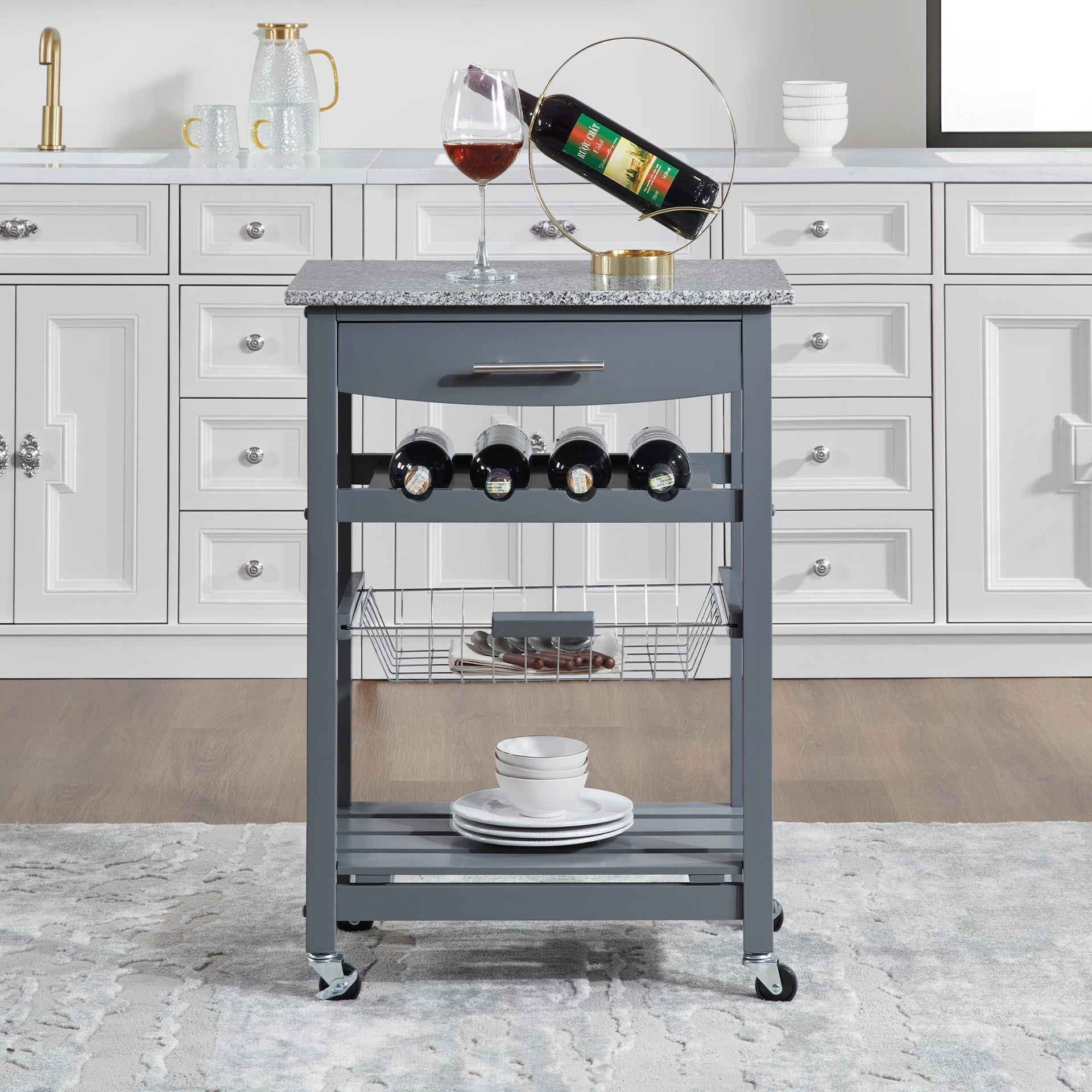 Mobile Rolling Kitchen Island Trolley Serving Cart with Underneath Drawer & Slide-Out Wire Storage Basket
