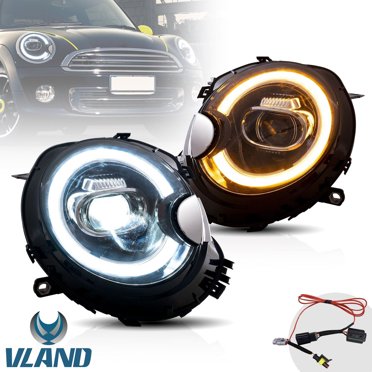 Maxcomotors Projector Headlights For 2007-2013 Mini Cooper S – Clear Chrome, LED Halo, Pair
