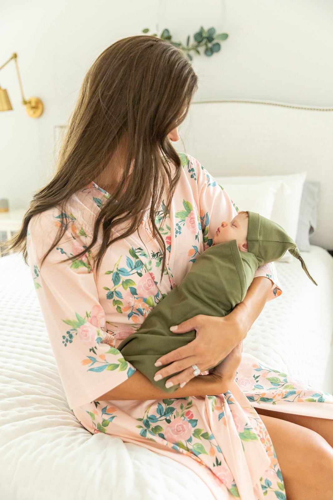 Baby Be Mine Maternity Mommy Me Delivery Robe with Matching Baby Swaddle Blanket Hat Set Pregnancy Robe For Women Nursing Robe Maternity Robe