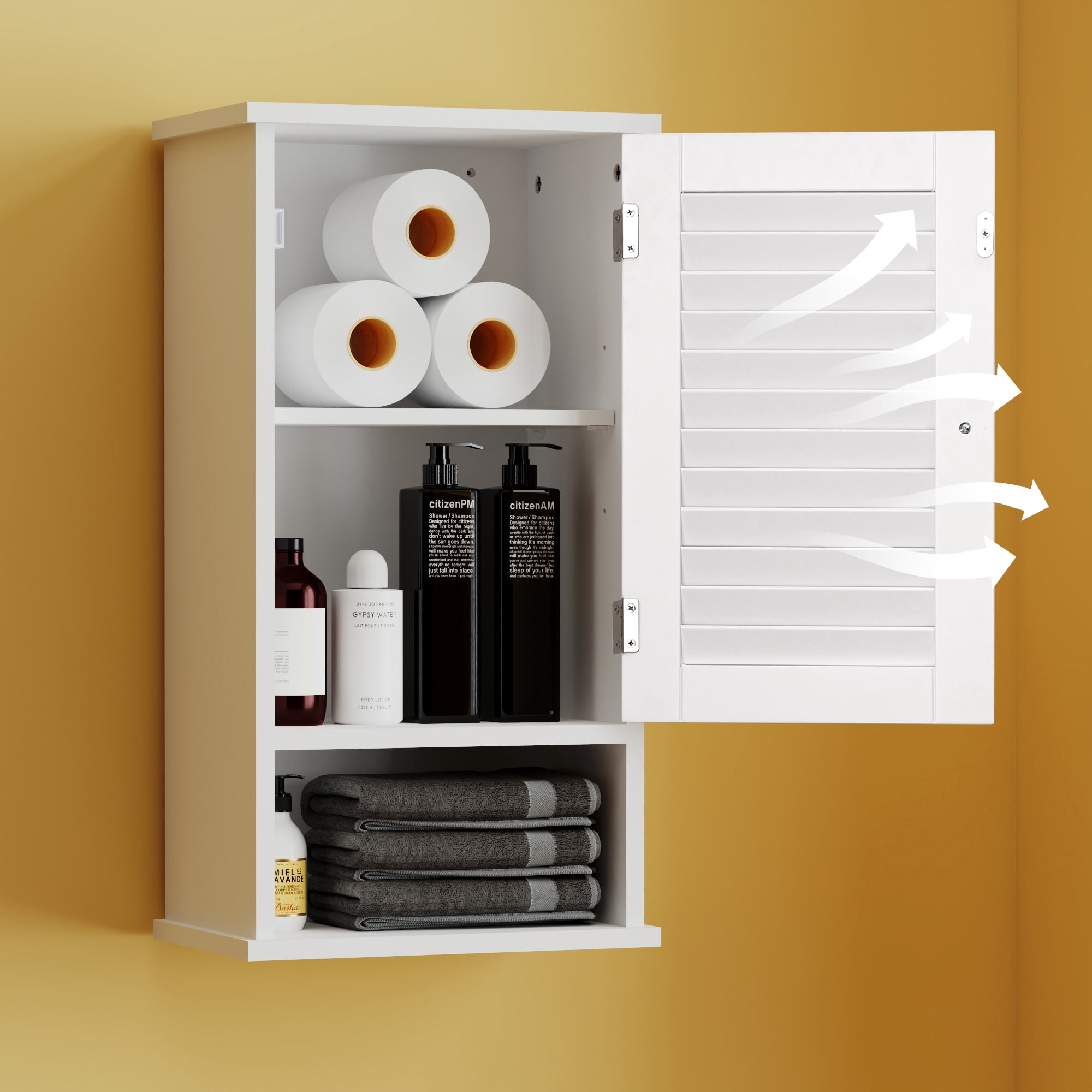 OONNEE Slim Medicine Cabinet, 3 Tier Hanging Cabinet with Single Louvered Door, Open Shelf,  Small Wall cabinet for Home Bathroom Bedroom Laundry, White