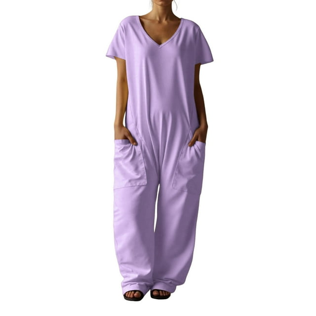 TrendOFT Combinaison une Pièce Femme Décontractée Été Ample Col en V Manches Courtes Confortable Poches Combinaisons une Pièce Violet TG
