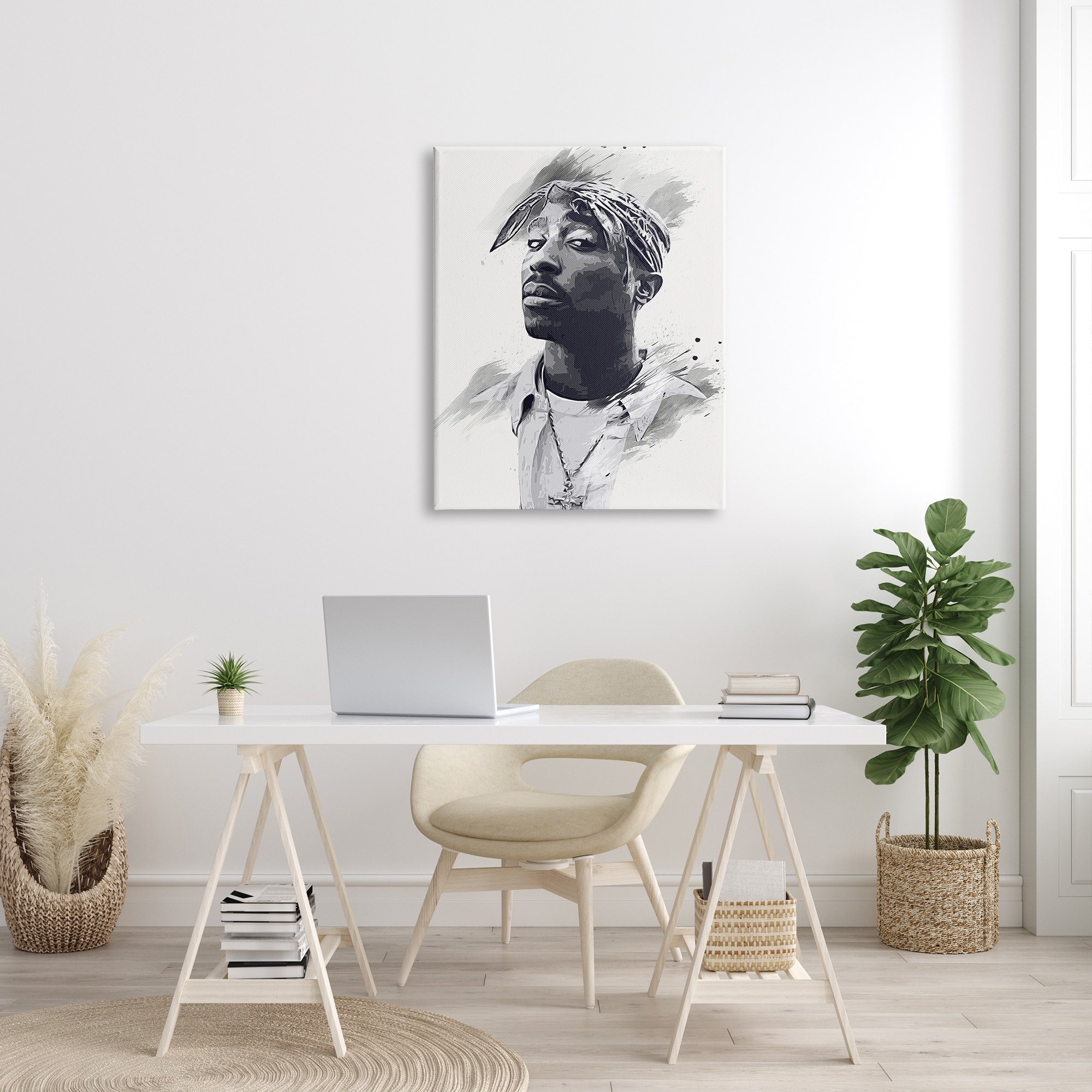 Tupac Modern Portrait Abstract Pattern Black White 30 in x 40 in Painting Canvas Art Print, by Stupell Home Décor