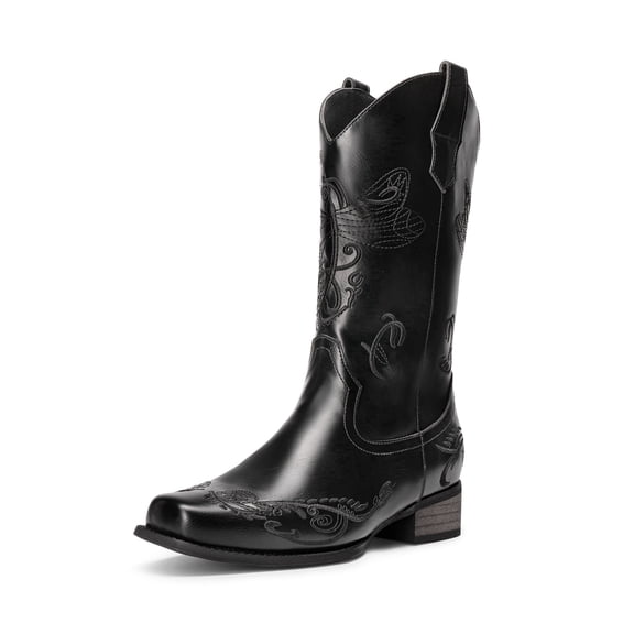 DREAM PAIRS Women's Cowboy Boots Mid Calf Cowgirl Boots Embroidery Stitched Square Toe Western Boots Wide Width