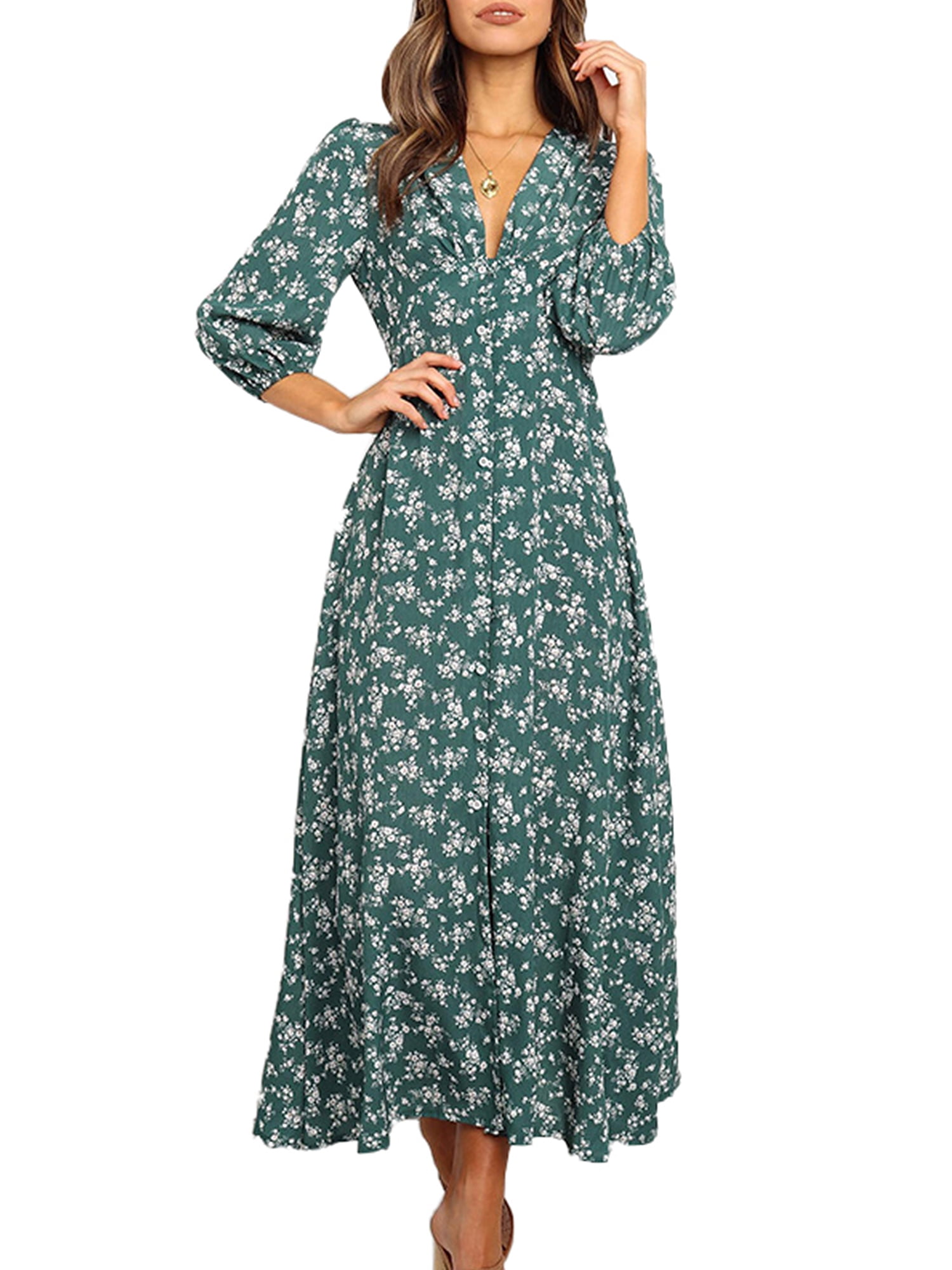 Womens Long Sleeve Bohemian Floral Maxi Dresses Loose Casual High Waist 