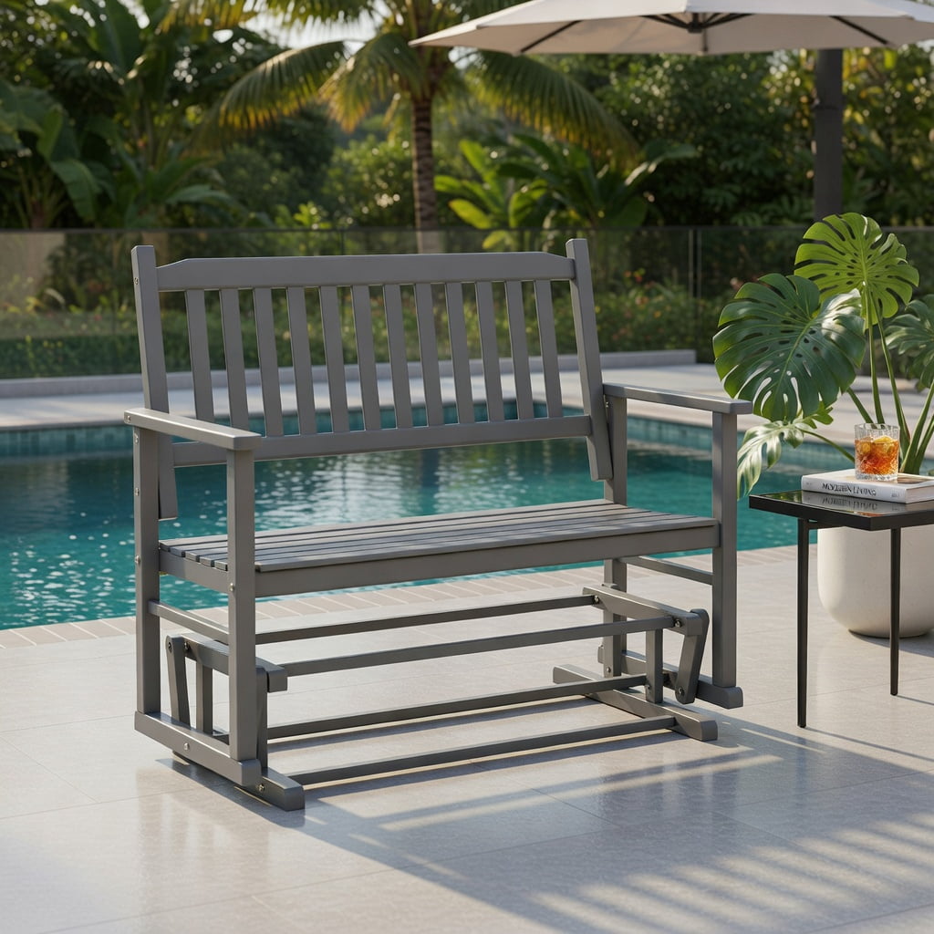 Hommoo 2-Person Outdoor Glider Bench, Poplar Wood Rocking Patio Bench with Ergonomic Slatted Seat & Armrests, Gray
