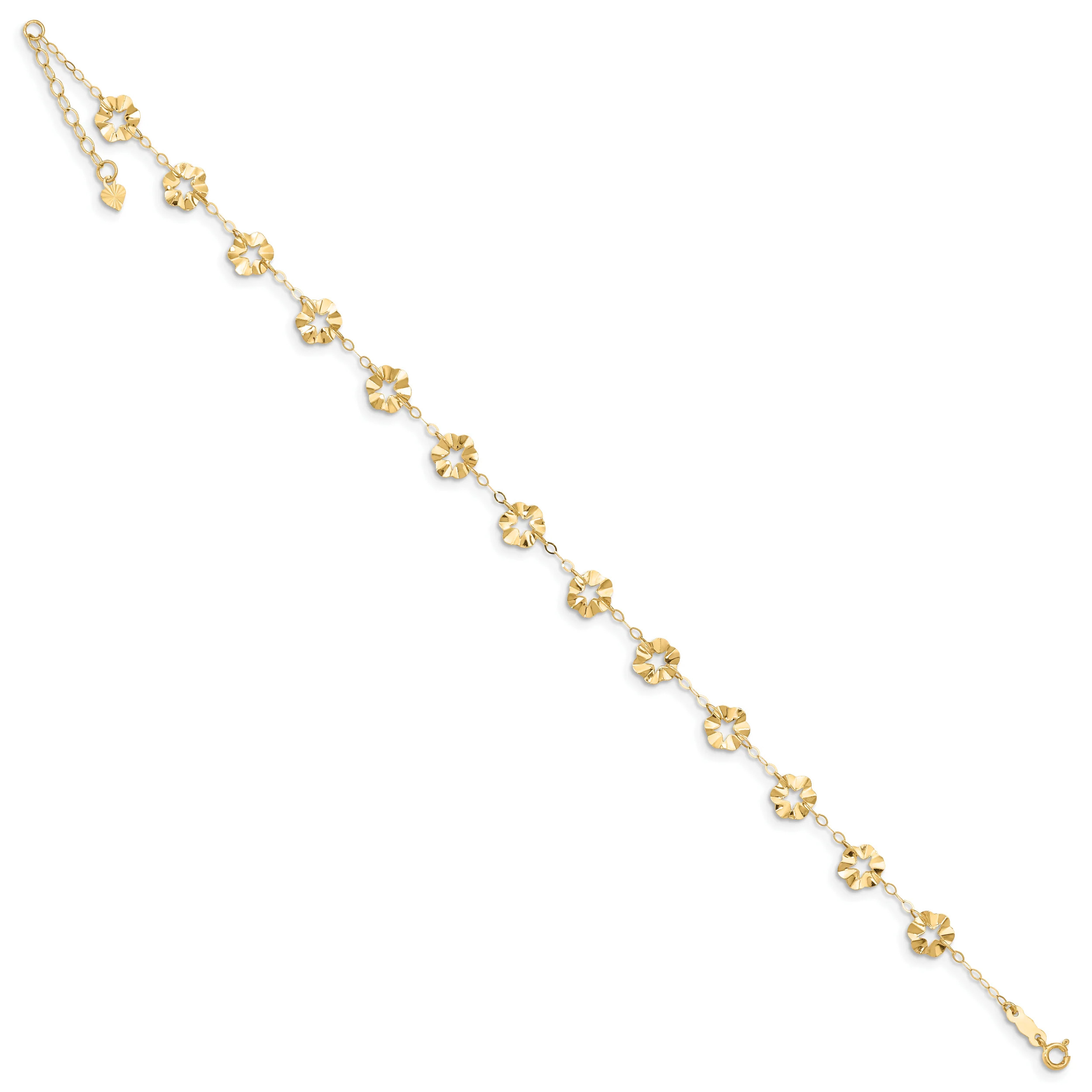 Primal Gold 14 Karat Yellow Gold Adjustable Flower 9-inch Plus 1-inch Extension Anklet