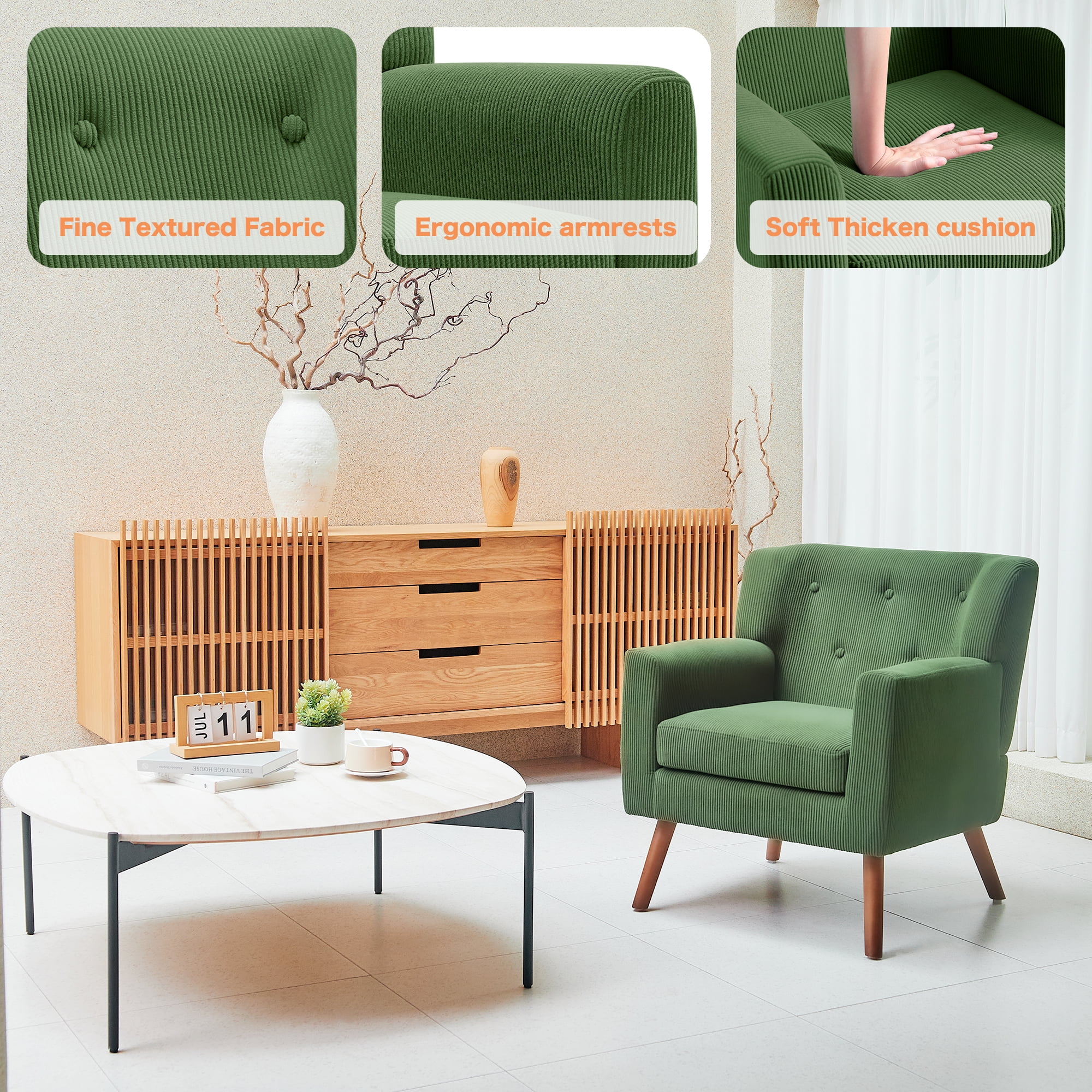 Mid-Century Accent Chair,Modern Comfy Armchair Upholstered Reading Chair Single Sofa Chair for Living Room,Apartment, Green