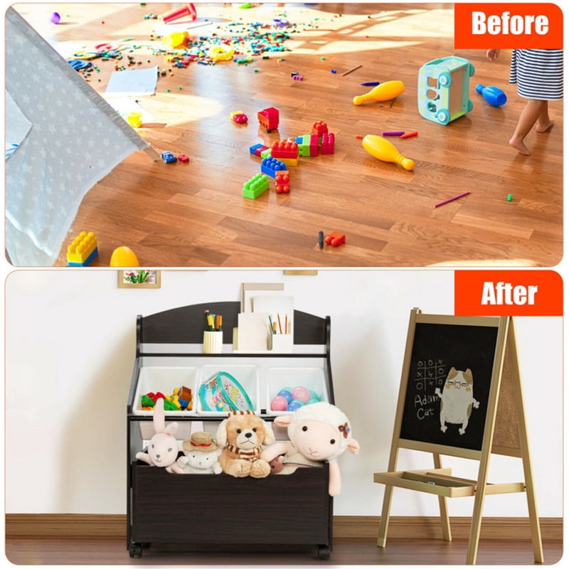 Gundir Kids Toy Storage Organizer with Large Capacity Rolling Toy Box and 3 Removable Bins, Cabinet with Shelf, Easy-Move Lockable Casters, for Playroom Bedroom,Brown, 25"L x 15"W x 30"H