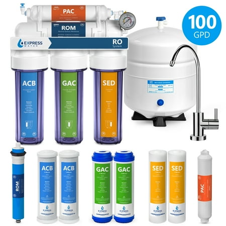 Constant Pressure Water Systems Express Water RO Water Filtration System – 5 Stage RO Water Filter with Faucet and Tank – Under Sink Water Purifier – plus 4 Free Replacement Filters – 100 GPD with Clear Housing and Pressure Gauge ()