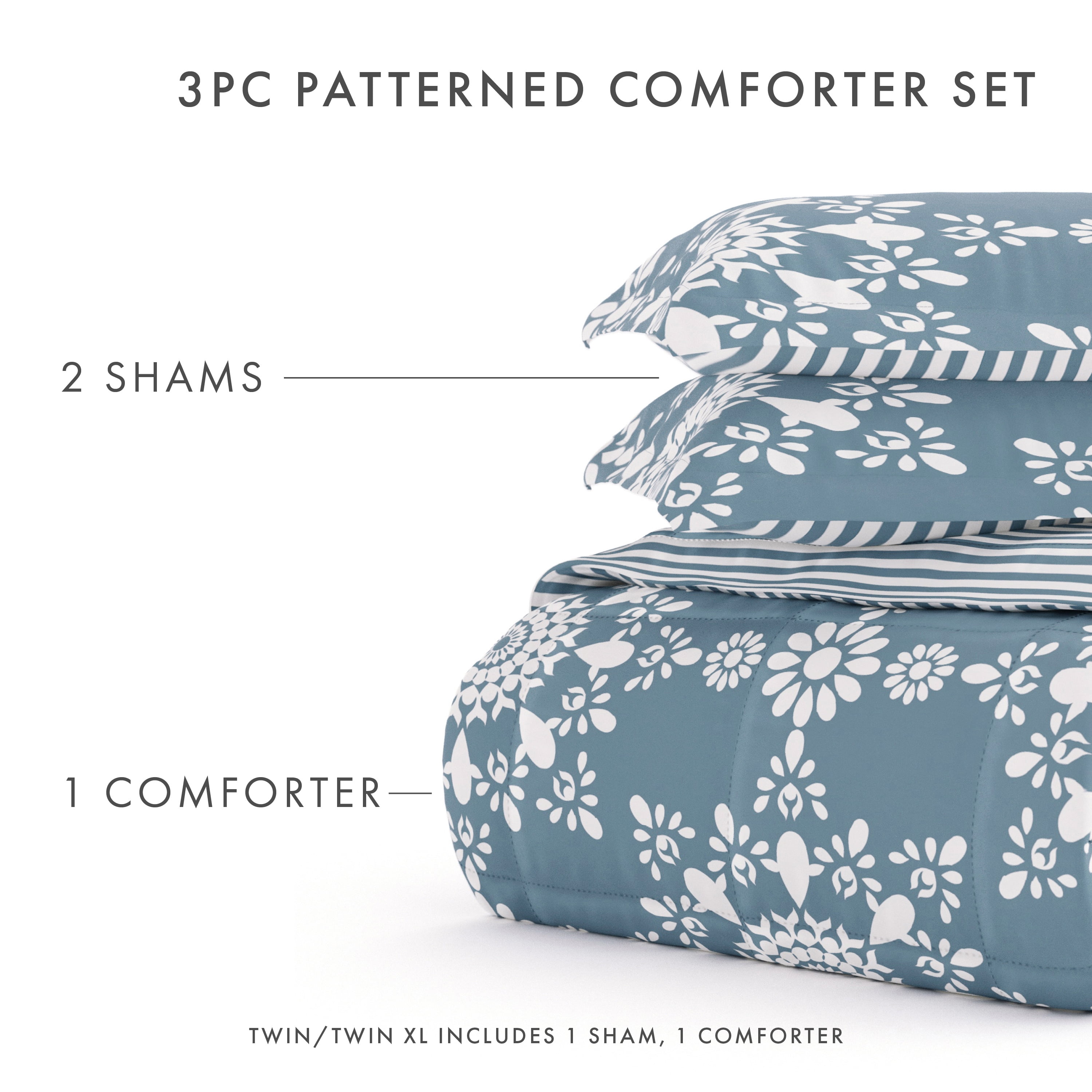 Noble Linens 3-Piece Light Blue Daisy Medallion Reversible Print Comforter Set, Full/Queen