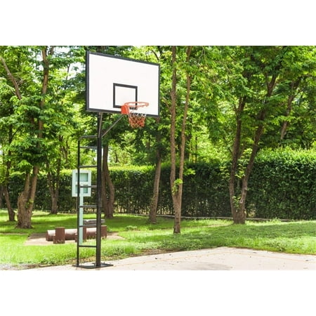 Image of ABPHOTO 7x5ft Basketball Court Backdrop Nature Outdoor Playground Basketball Hoop Backdrops for Photography Jungle Forest Trees Green Grassland Spring Photo Background Boys Children Studio Props