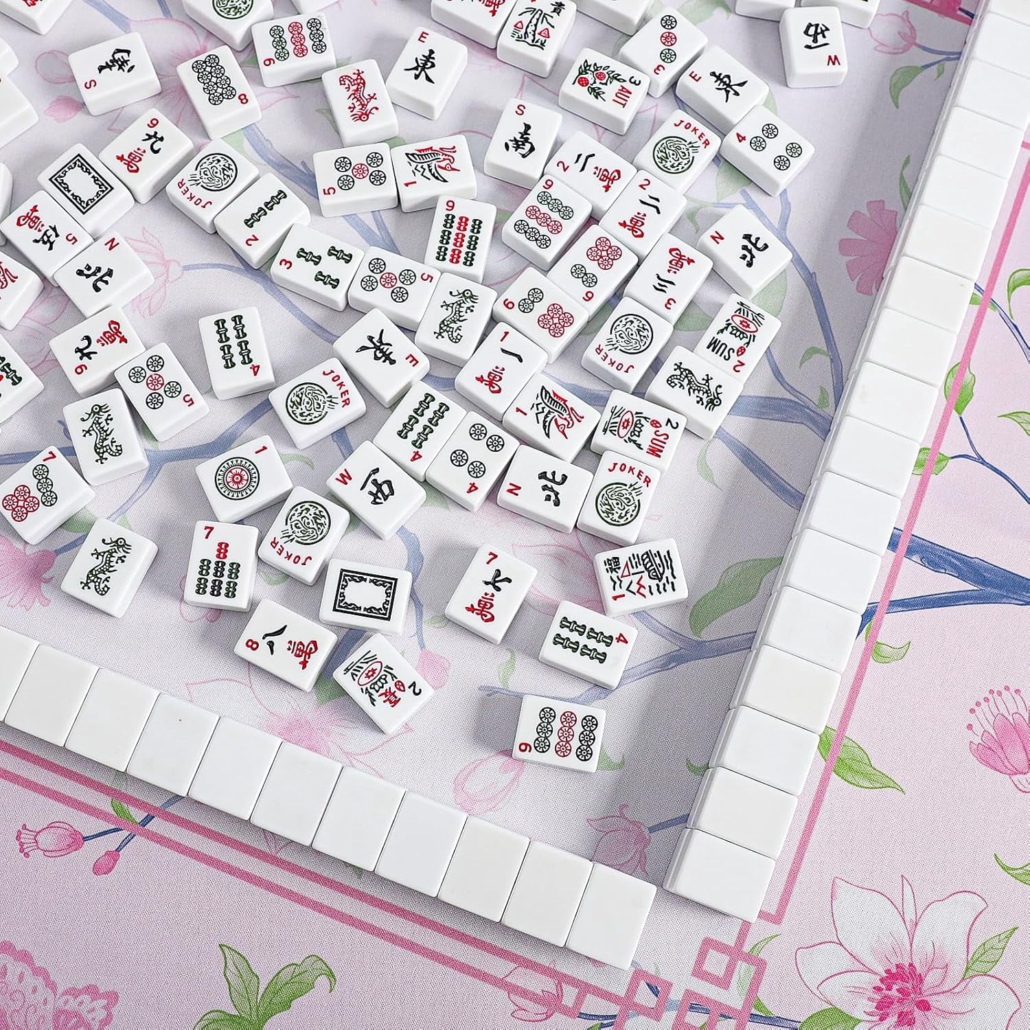 Pink Printed Mahjong Mat (31.5”x31.5”) with Black Carrying Bag, Anti-Slip, Noise-Reducing, Mahjong Table Mat for Mah-jongg,Poker, Board Games, Dominoes, and Card