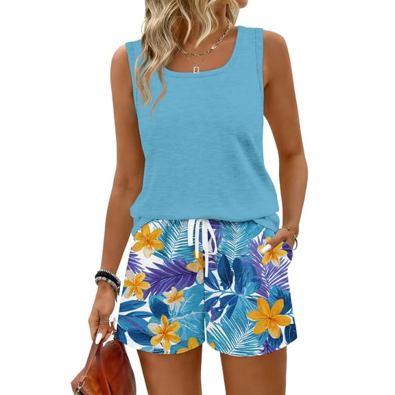 Sewkxo Two Piece Sets for Women Summer Lounge Short Sets Tank Square Neck Sleeveless Sweat Suit With Pockets,Blue 2XL