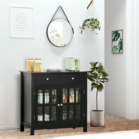 Resenkos Elegant Sideboard Buffet with Glass Cabinets and Two Spacious Drawers, Black