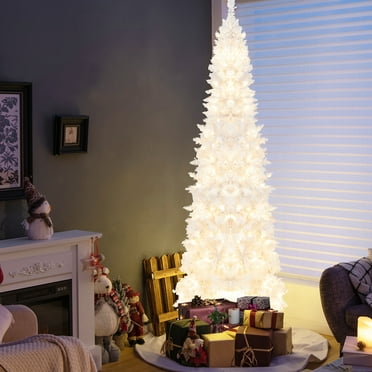 Costway 7FT Pre-Lit Hinged Pencil Christmas Tree White w/ 300 LED Lights & 8 Flash Modes