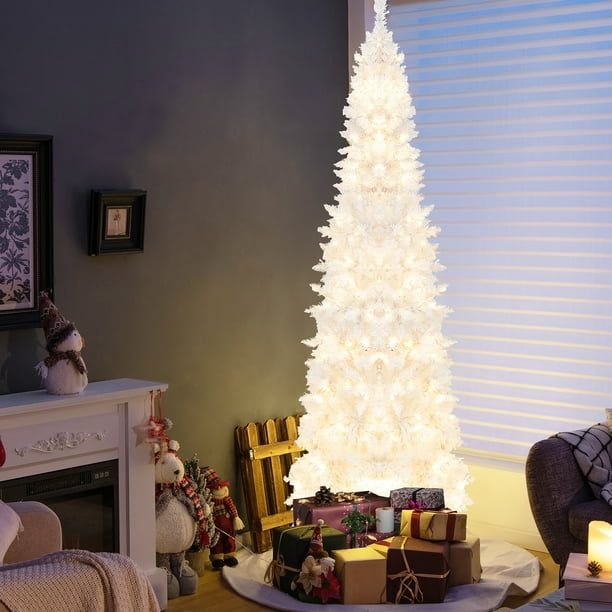 Costway Árbol de Navidad tipo lápiz con bisagras, preiluminado, blanco, 210 cm, 300 luces LED y 8 modos de flash
