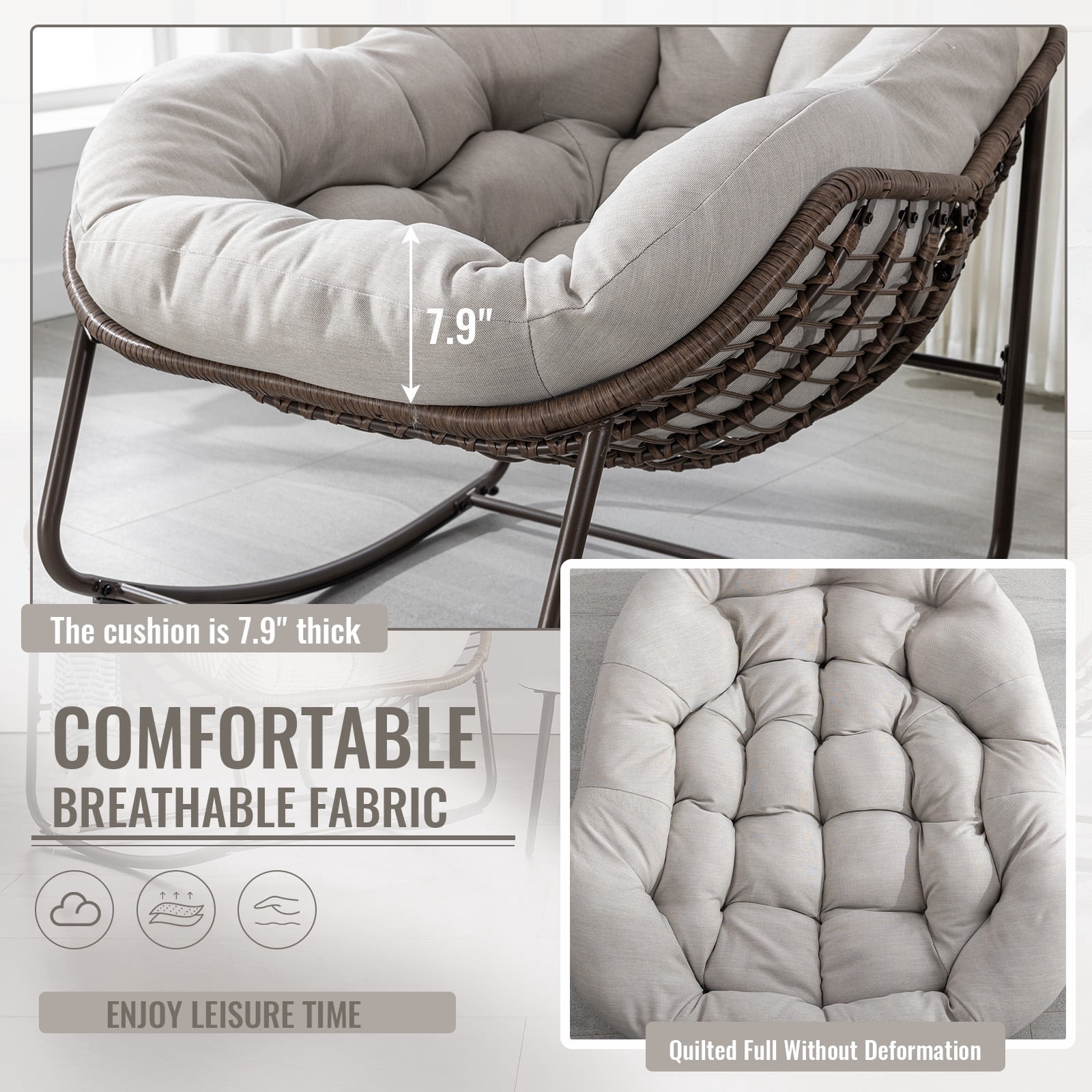 Indoor/Patio Rocking Chair, Oversized Rattan Egg Chair with Steel Frame & Padded Cushion