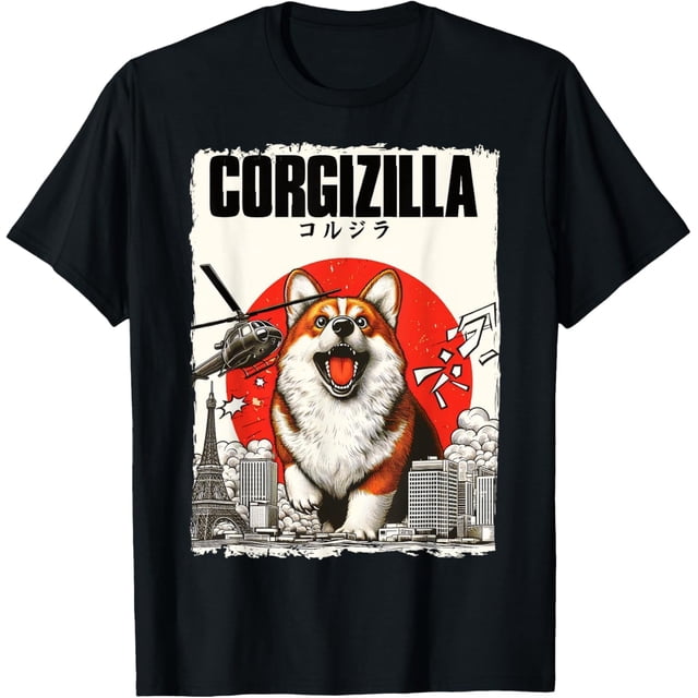 Camiseta para perrito de CorgiZilla con parodia japonesa de arte de Corgi para mamá y papá